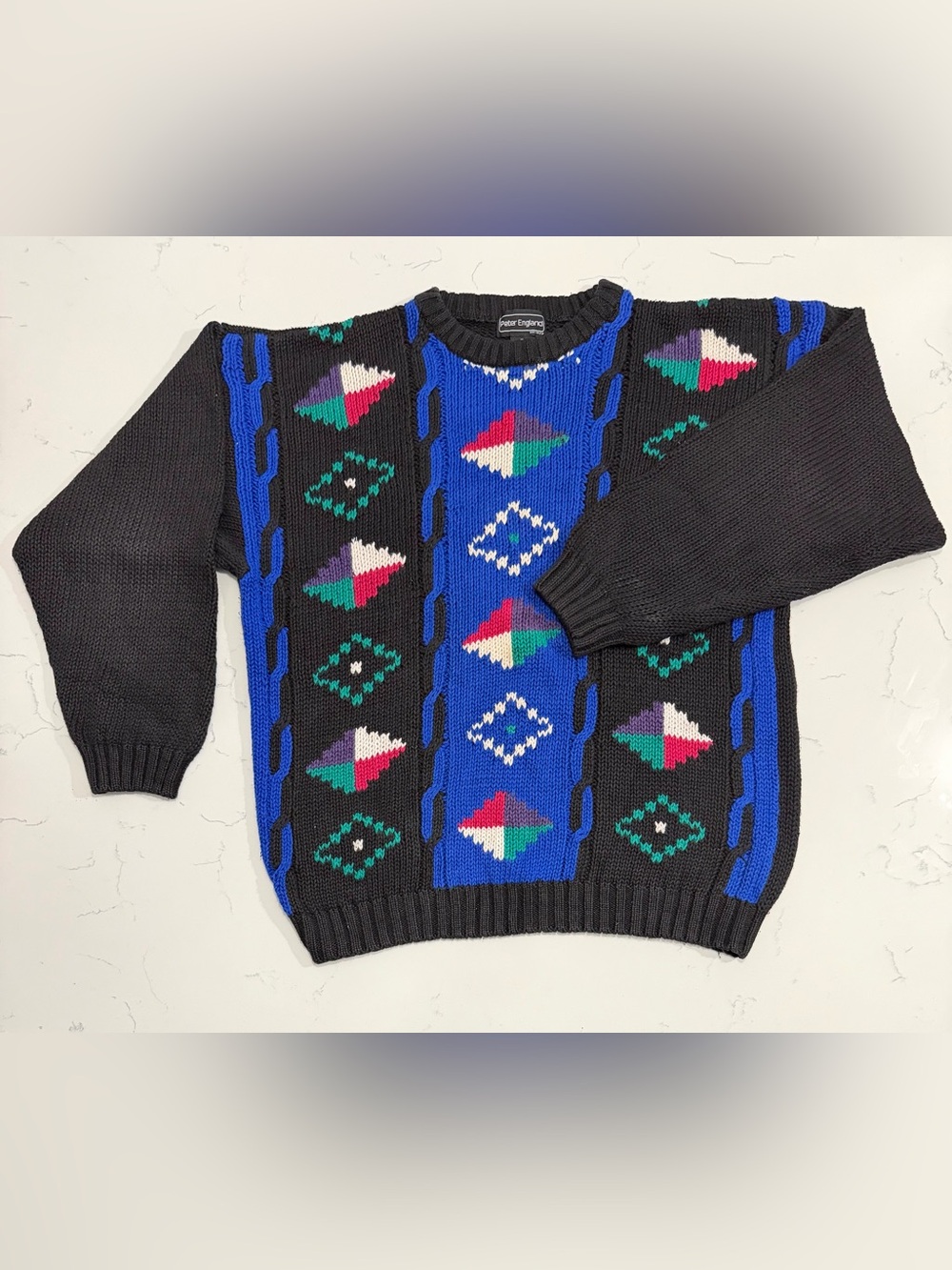 Peter England 90s Men's Sweater M Cotton Geometric Knit Crew Neck Pullover